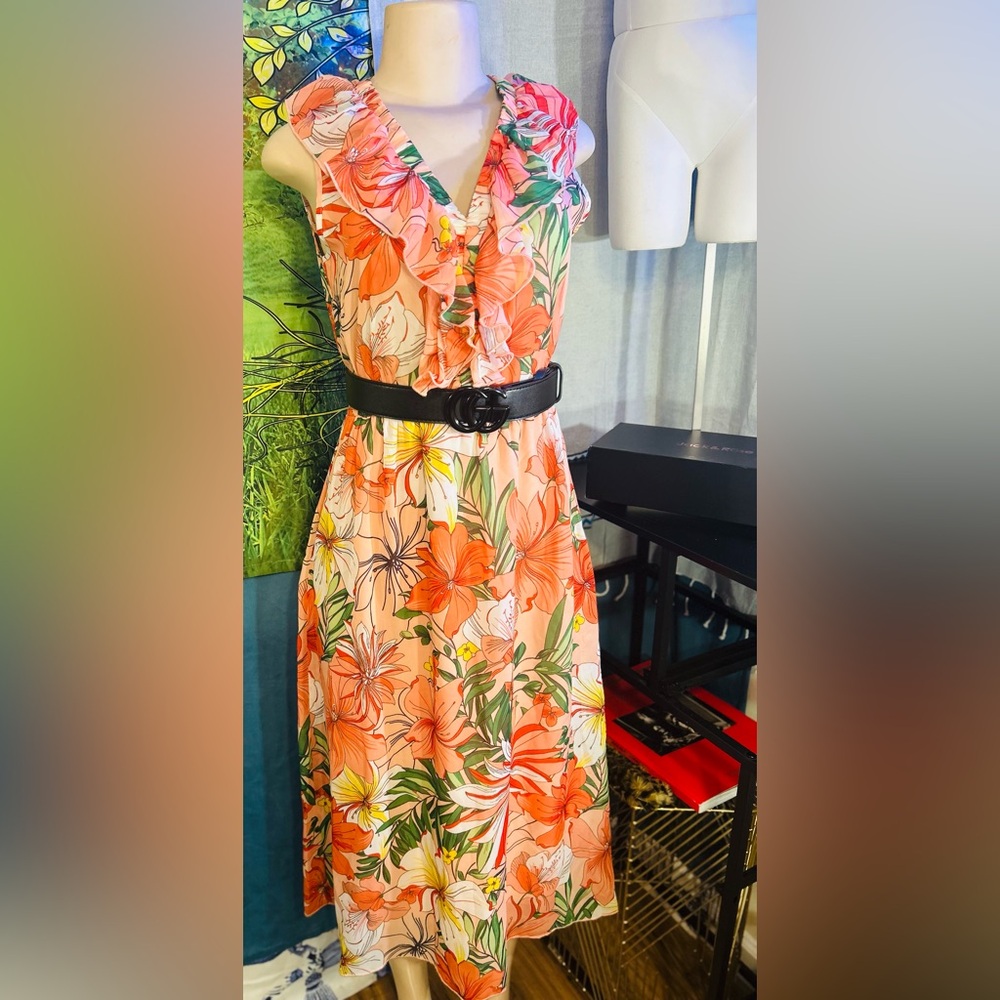 Stella & Julie New Floral Ruffle V-Neck Midi Dress in Coral